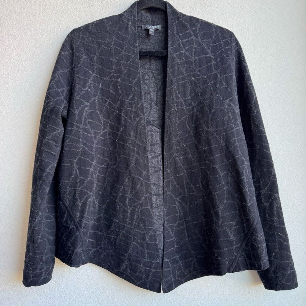 Eileen Fisher Black Gray Split Back Wool Open Front Cardigan Coat Medium Petite
